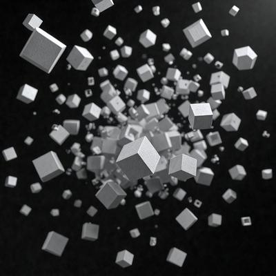 The primary subject of the image is a group of white cubes or blocks, which are floating in the air. The setting appears to be a dark background, which contrasts with the white cubes. The visual style of the image is a combination of photo and digital art, creating a unique and intriguing scene. The overall atmosphere of the image is one of creativity and playfulness, as the white cubes seem to be floating and interacting with each other.
